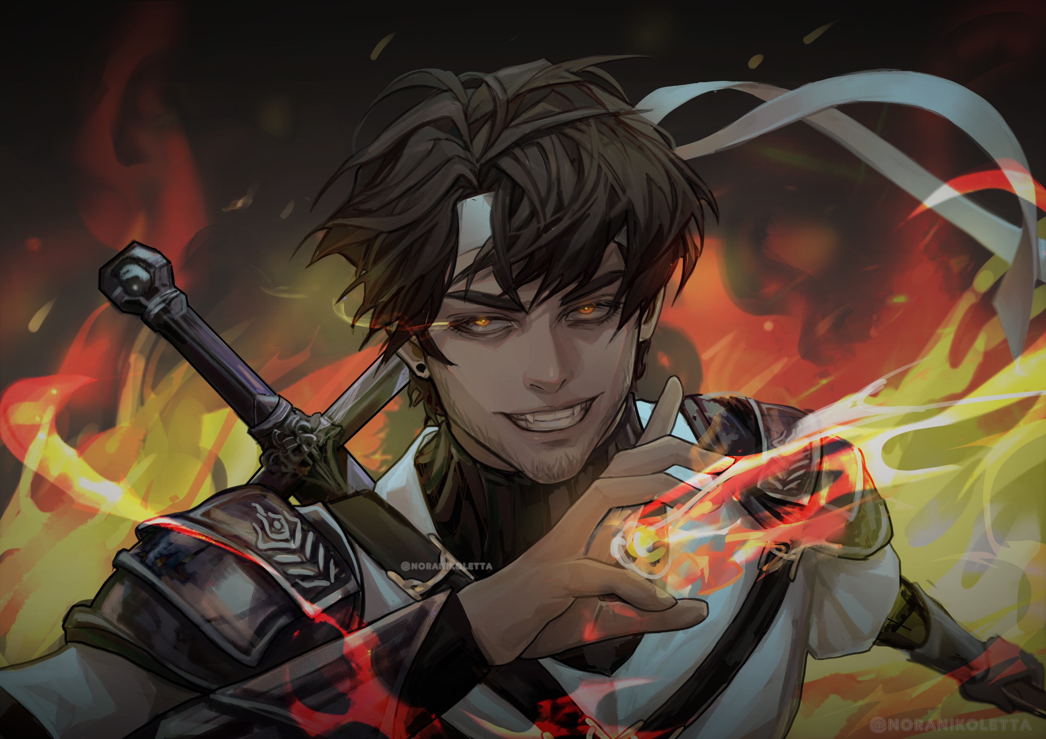 This is a drawing of Sapnap if he were an anime character. He's dressed like a classic knight, wearing a classic iron chestplate, but no helmet. Instead, we can see him smirk as he confidently strides toward the viewer, hand ablaze. With the flames behind him, it appears that he was the one that caused it.
